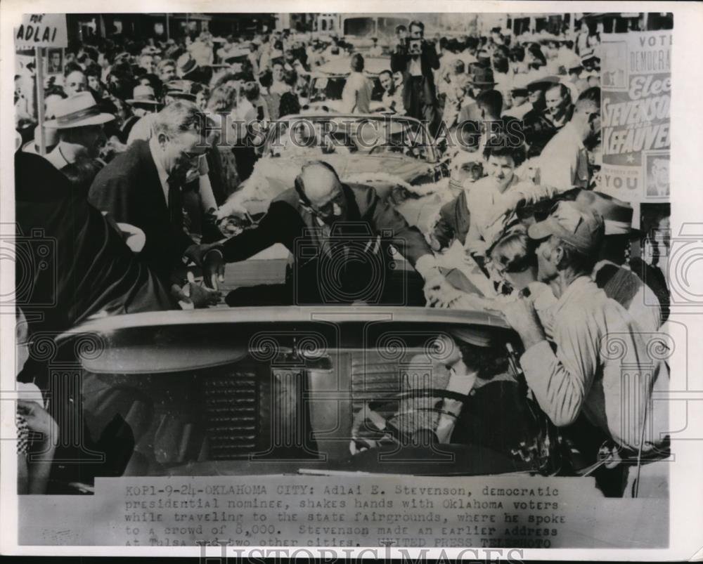 1956 Press Photo Adlai Stevenson shake hands with Oklahoma Voters - Historic Images