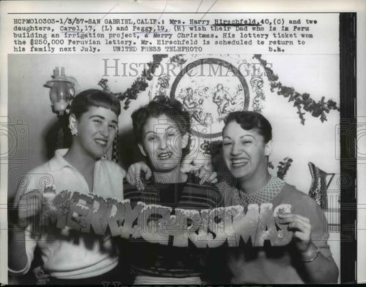 1957 Press Photo Mrs Harry Hirschfeld daughters Carol and Peggy wish their dad - Historic Images
