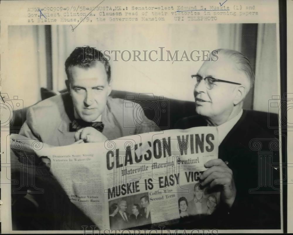 1958 Press Photo Sen. Elect EdmundS. Muskie, Clinton A. Clauson at Gov. Mansion - Historic Images