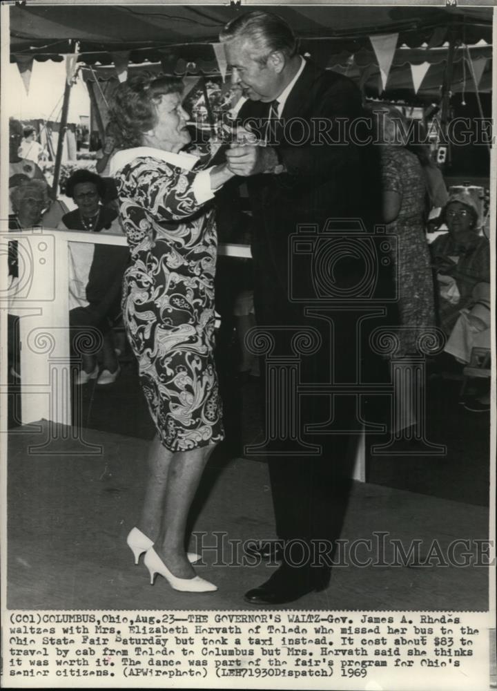 1969 Wire Photo Gov.Rhodes with Mrs. Horvath dances Waltz in fair's program - Historic Images