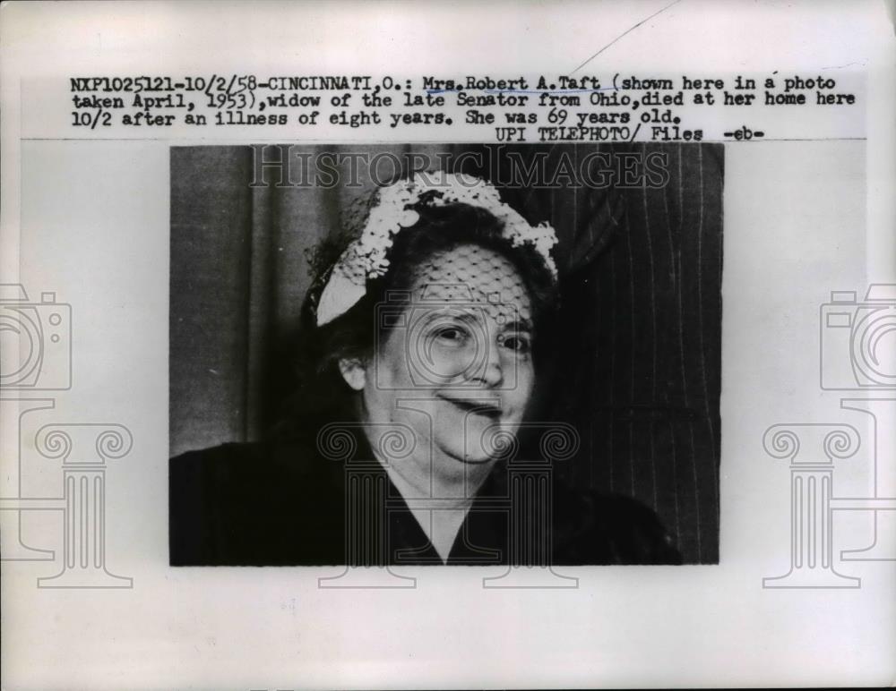 1958 Press Photo Mrs. Robert A. Taft widow of late Senator Died after illness - Historic Images