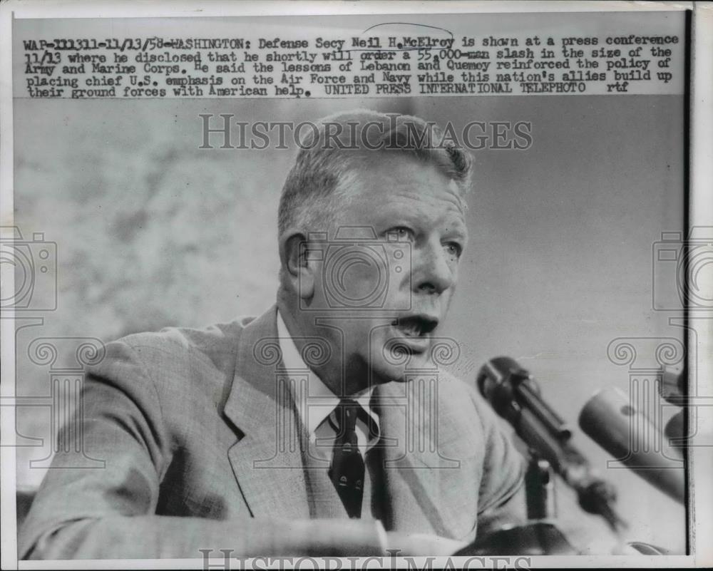 1958 Press Photo Defense Secretary Neil McElroy at Press Conference - Historic Images