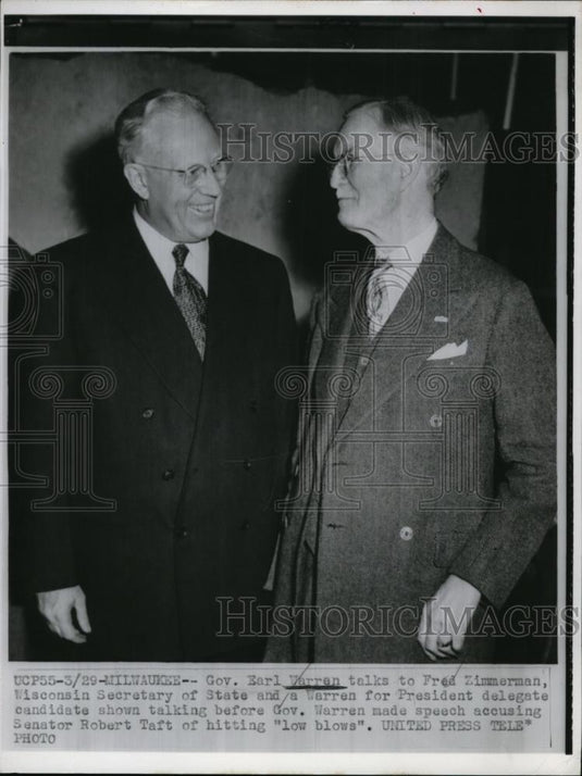 1952 Press Photo Governor Earl Warren Fred Zimmerman Wisconsin Secretary State - Historic Images