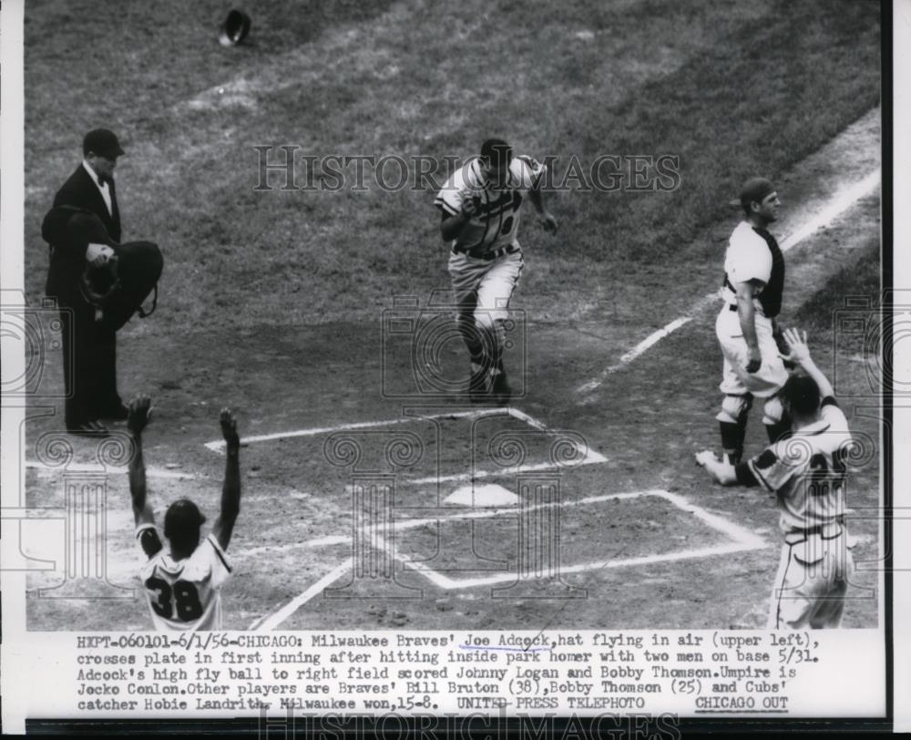 1956 Press Photo Braves Joe Adcock scores vs Cubs Hobie Landrith - nes38016 - Historic Images