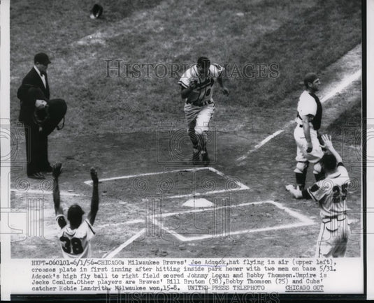 1956 Press Photo Braves Joe Adcock scores vs Cubs Hobie Landrith - nes38016 - Historic Images