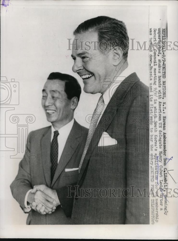 1957 Press Photo US Ambassador Henry Cabot Lodge, Korean Amb Ben Limb - Historic Images