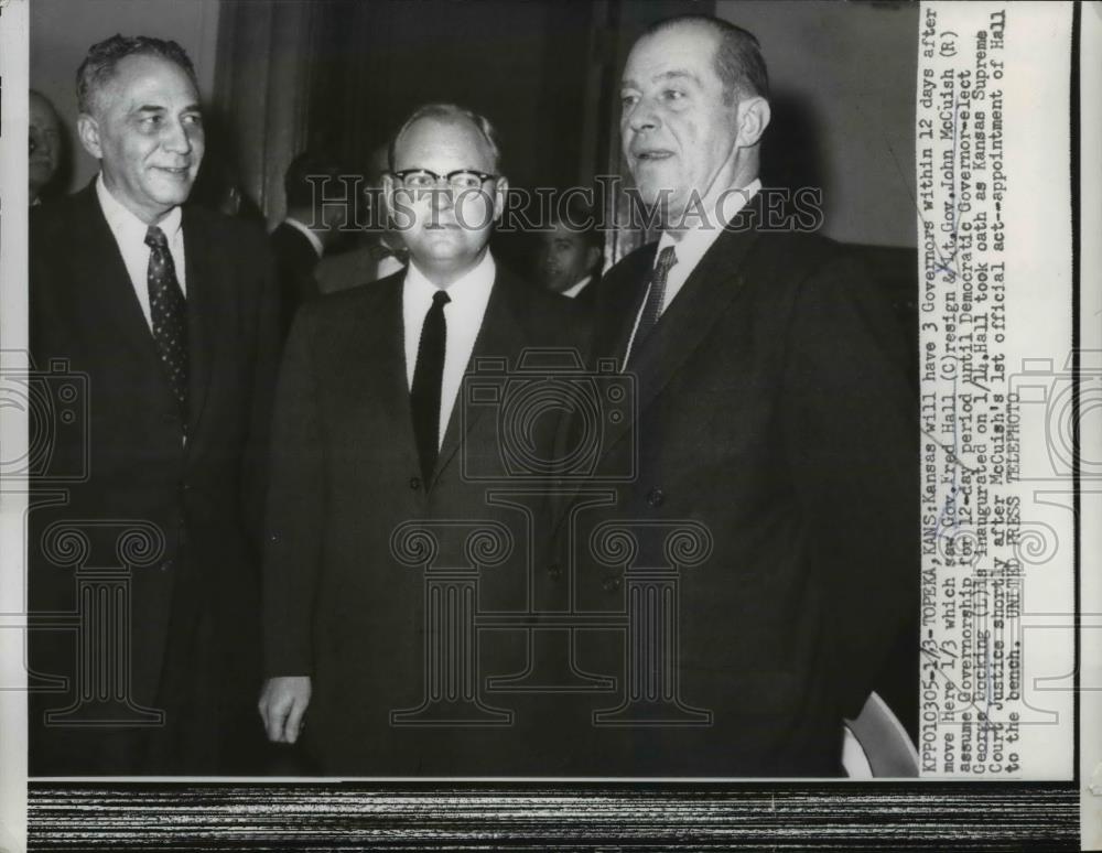 1957 Press Photo Gov. Fred Hall, Lt. Gov. John McCuish, George Docking Kansas - Historic Images