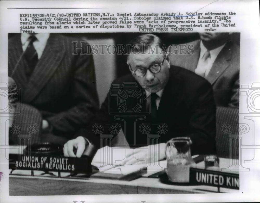 1958 Press Photo United Nations New York, Arkady A Sobolev Speaking On Bombs. - Historic Images