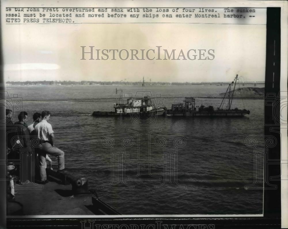 1957 Press Photo Montreal Harbor tug barge drifts over spot where tug John Pratt - Historic Images