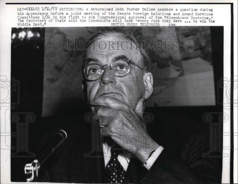 1957 Press Photo Sec of State John Foster Dulles appearing before the Senate - Historic Images