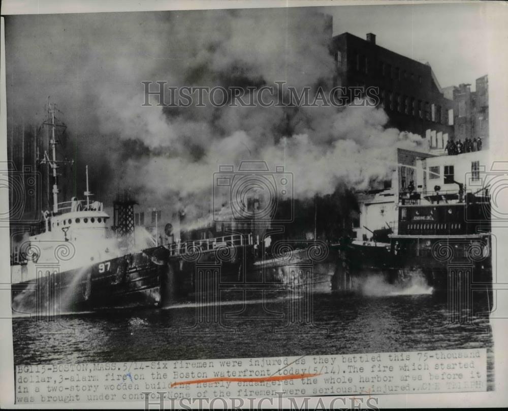 1950 Press Photo Alarm-3 fire on the Boston waterfront straed in Wooden Bldg. - Historic Images