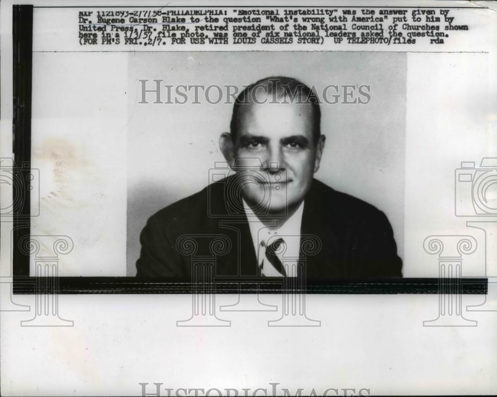 1958 Press Photo Dr. Eugene Carson Blake Answers With "Emotional Instability" - Historic Images
