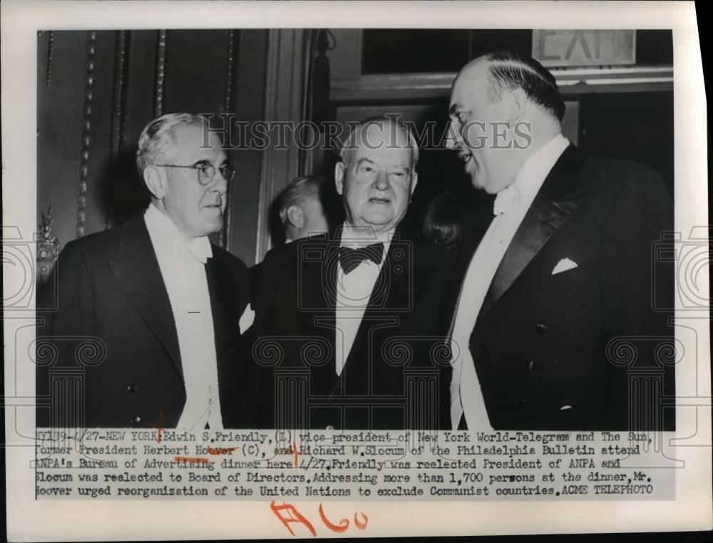 Press Photo Herbert Hoover Edwin S Friendly R W Slocum ANPA Advertising Dinner - Historic Images