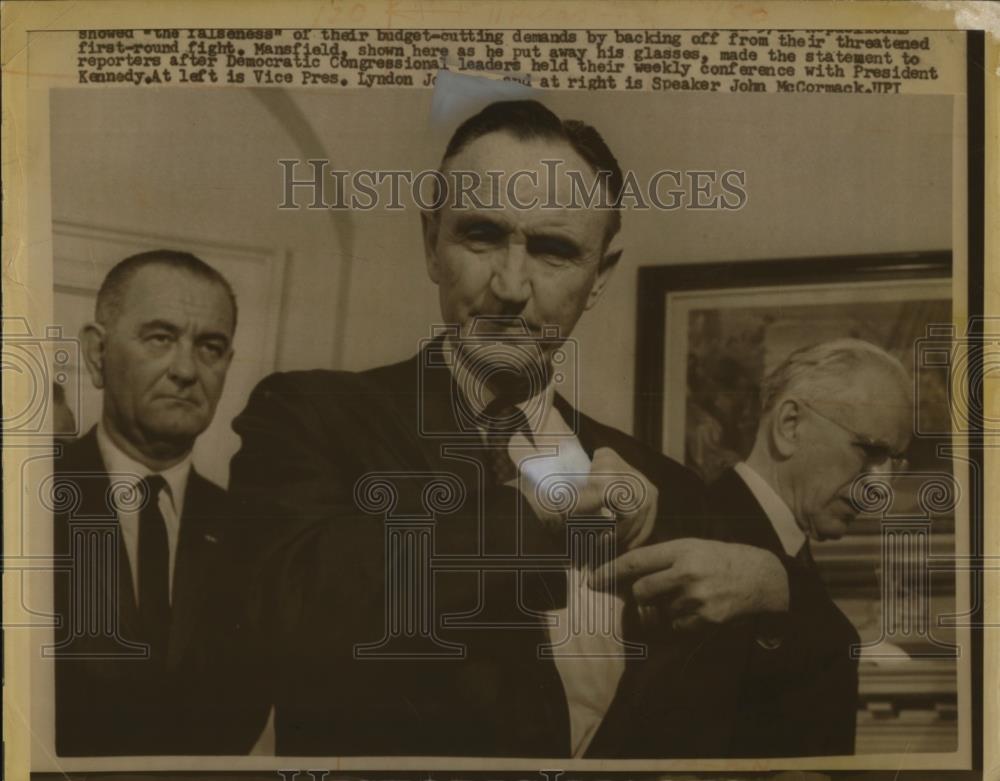 1963 Press Photo Mike Mansfield with Vice Pres. Johnson, Speaker John McCormack. - Historic Images