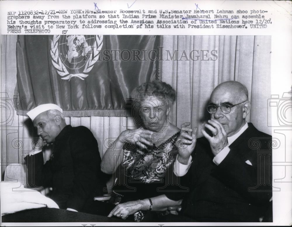 1956 Press Photo First Lady Eleanor Roosevelt, Senator Herbert Lehman, UN Event - Historic Images