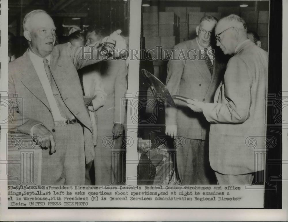 1953 Press Photo Denver, President Eisenhower tours Federal Center warehouse - Historic Images