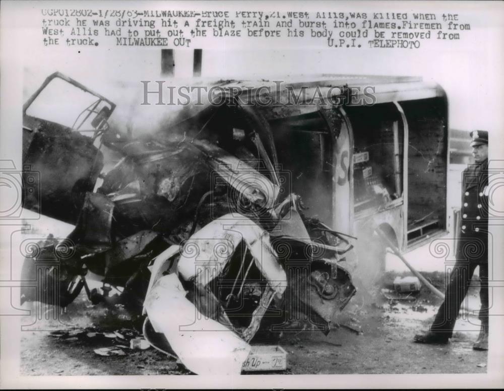 1963 Press Photo Freight Train &amp; Truck Collision Wreckage on Fire, Milwaukee - Historic Images