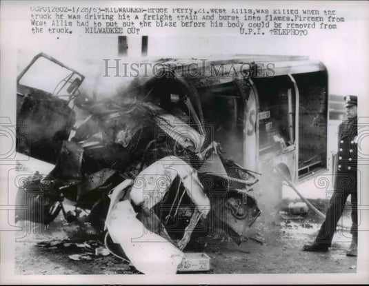 1963 Press Photo Freight Train & Truck Collision Wreckage on Fire, Milwaukee - Historic Images