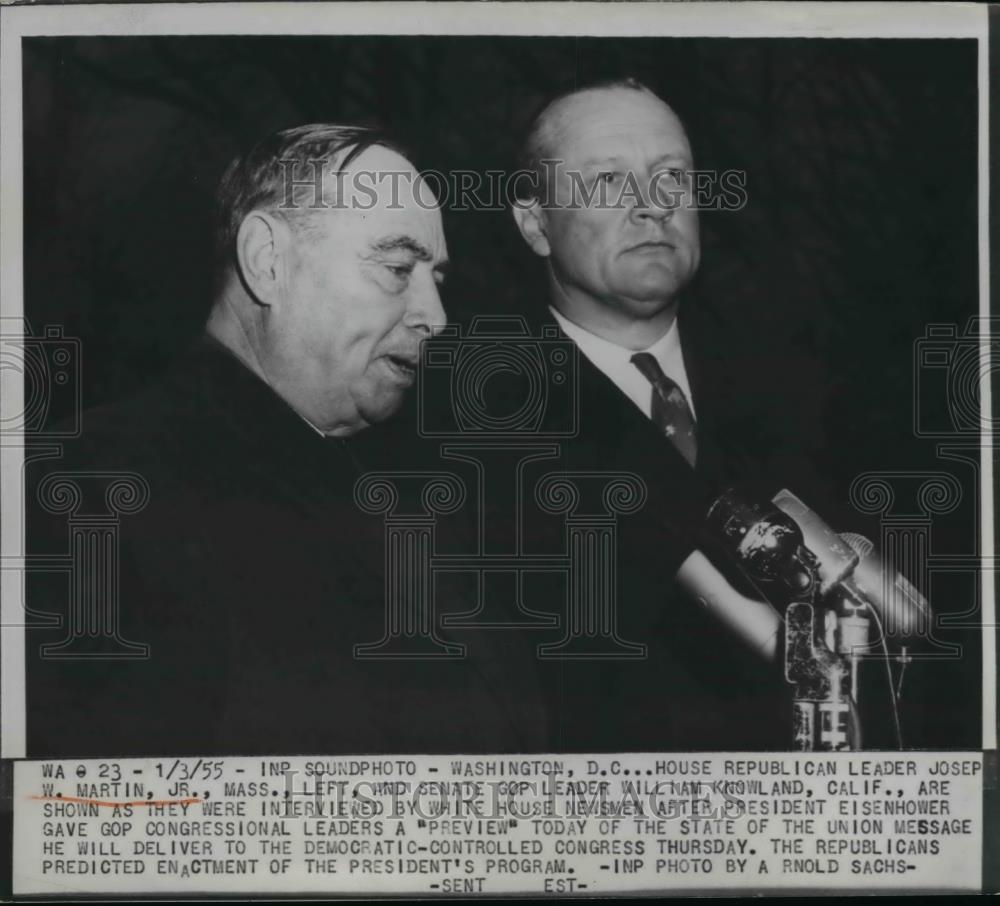 1955 Press Photo Washington DC Joseph Martin and WIlliam Knowland with newsmen. - Historic Images