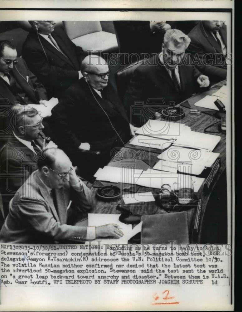1961 Press Photo Adlai Stevenson Condemning Russia's Bomb Test at United Nations - Historic Images