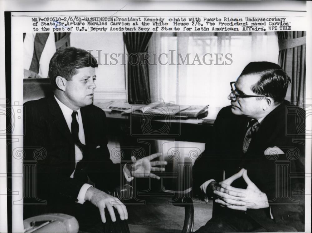 1961 Press Photo President John F Kennedy with Dr Arturo Morales Carrion in DC - Historic Images