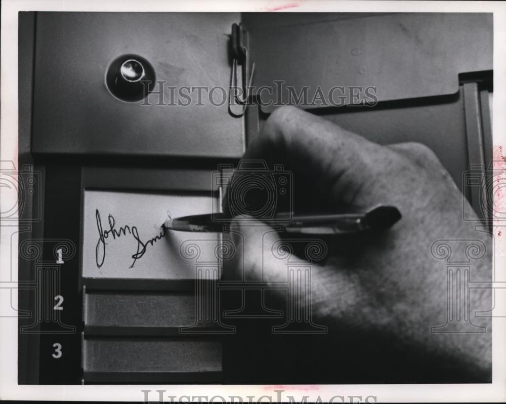 Undated Press Photo Ballot Box Step 2, Write in Candidate. - Historic Images