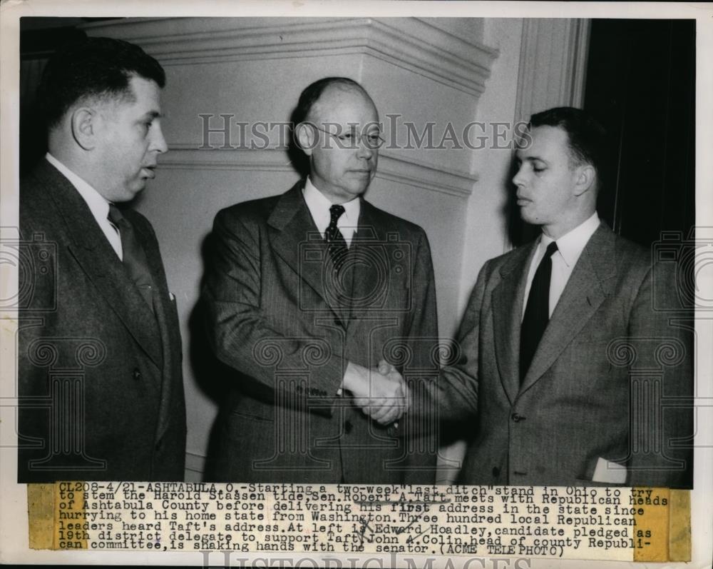 1948 Press Photo Robert A. Taft, John A. Collin, Edward Hoadley - Historic Images