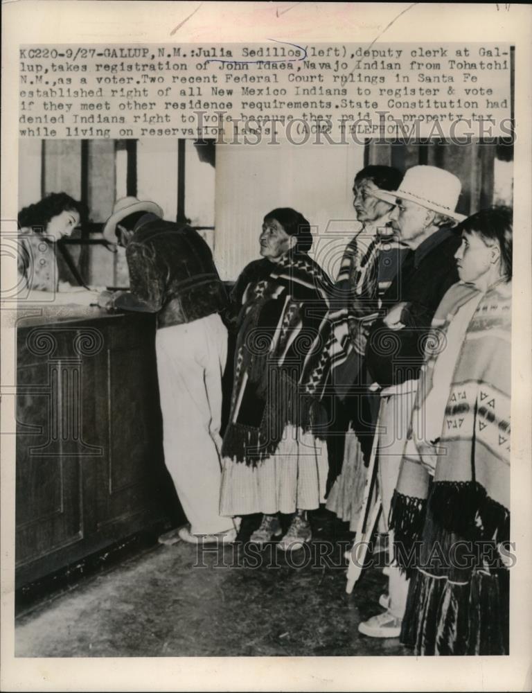 1948 Press Photo Julia Sedillos takes registration of John Tdaea a Navajo Indian - Historic Images