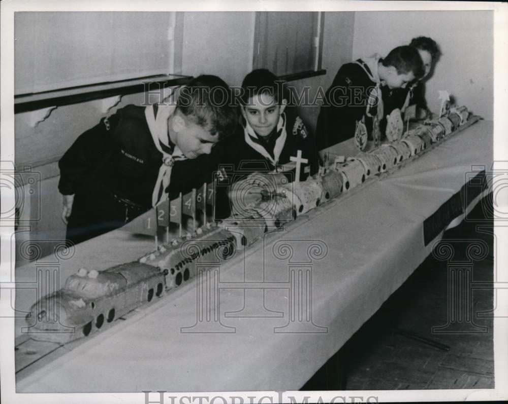 1957 Press Photo Cub Scouts Scott Consigny, Mark Cross, D Breshman, R Southcott - Historic Images