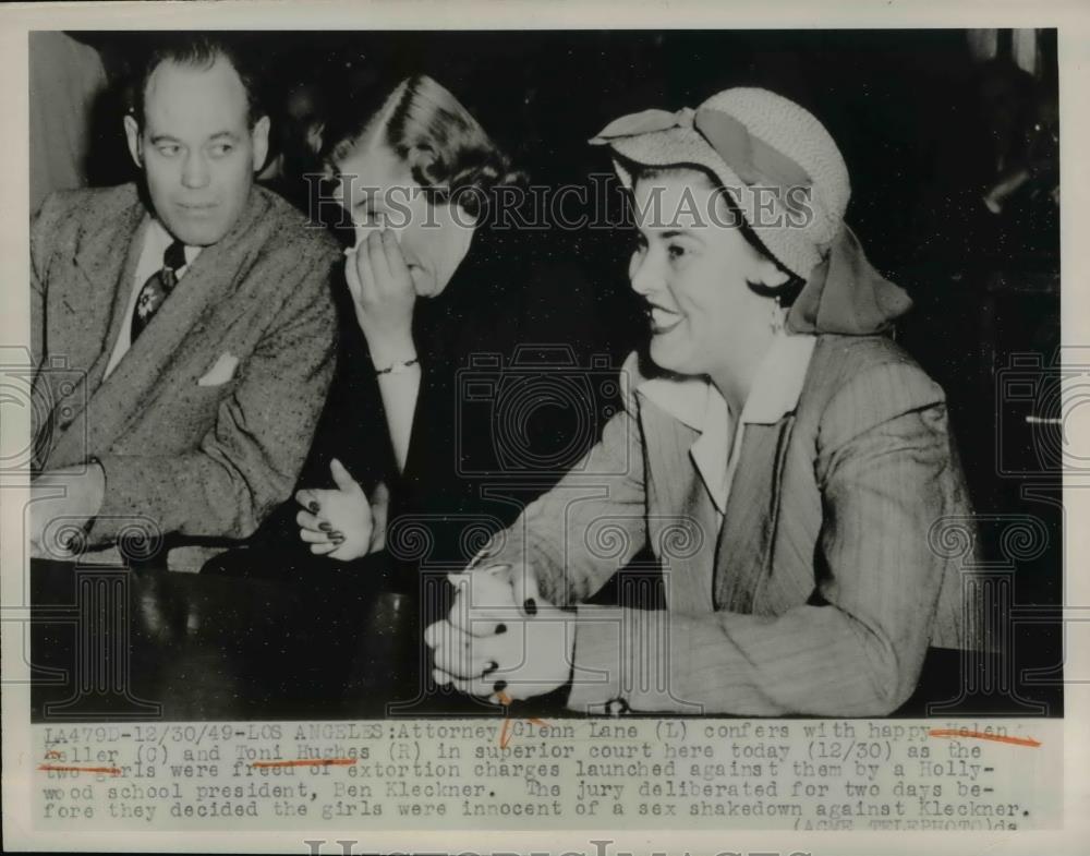 1948 Press Photo Glenn Lane, Helen Keller, Toni Hughes in Superior Court Los - Historic Images