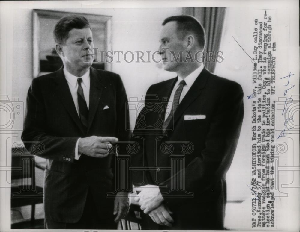 1962 Press Photo President John F Kennedy and Gov William Guy of ND - nee72565 - Historic Images