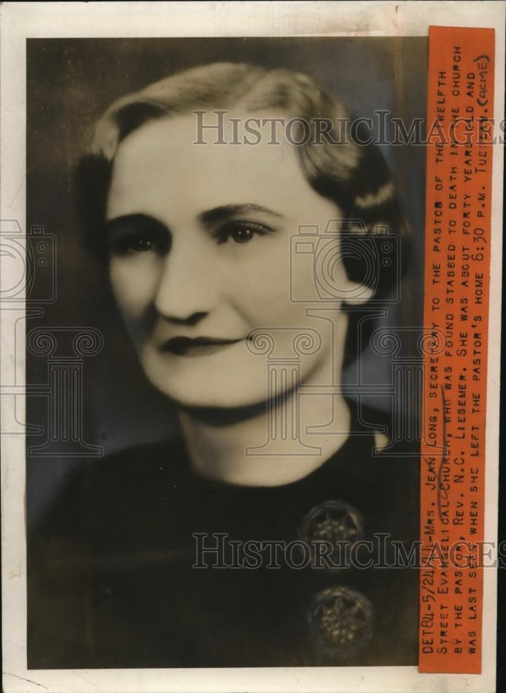 1944 Press Photo Mrs. Jean Long found dead in Twelfth Street Evangelical Church - Historic Images