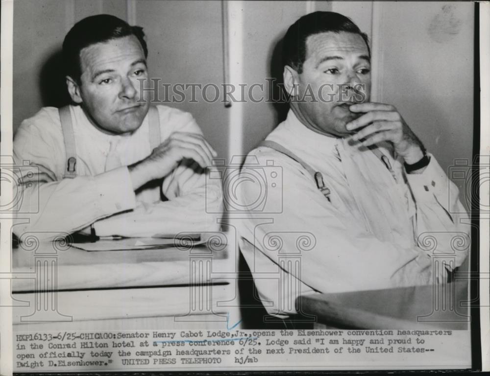 1952 Press Photo Sen.Henry Cabot Lodge at Conrad Hilton Hotel at Press Meeting. - Historic Images