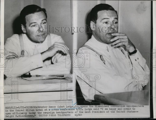 1952 Press Photo Sen.Henry Cabot Lodge at Conrad Hilton Hotel at Press Meeting. - Historic Images