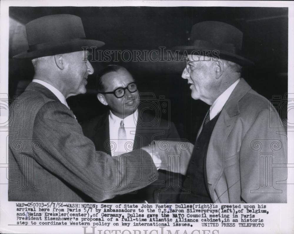 1956 Press Photo Sec. Of State John Foster Dulles Greeted By Baron Silvercruys - Historic Images