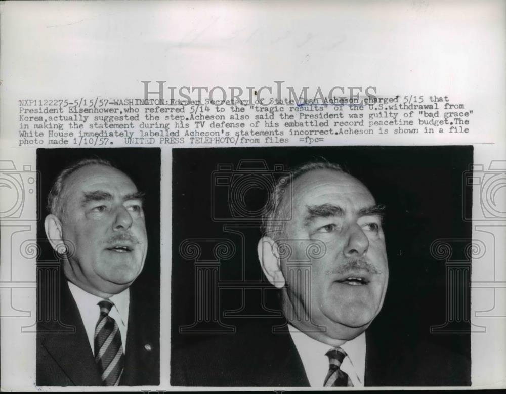 1957 Press Photo Dean Achenson, U.S.Sec. of State during his T.V. Statement. - Historic Images