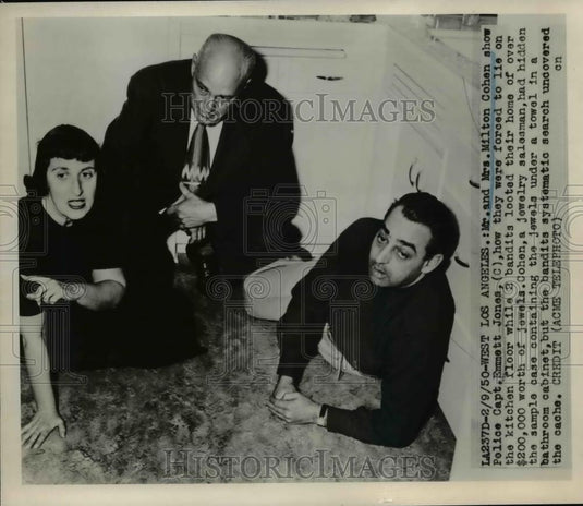 1950 Press Photo Milton Cohen & Wife, Police Chief Emmett Jones After Robbery - Historic Images