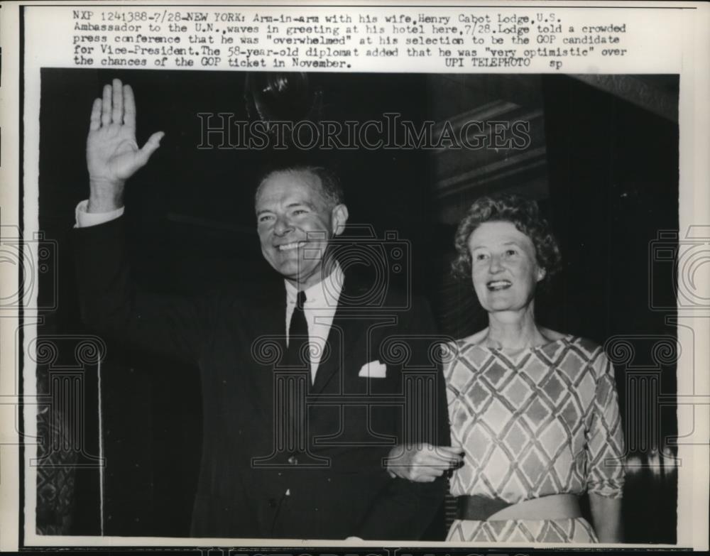 1960 Press Photo Henry Cabot Lodge, U.S.Ambassador to U.N. with his wife. - Historic Images