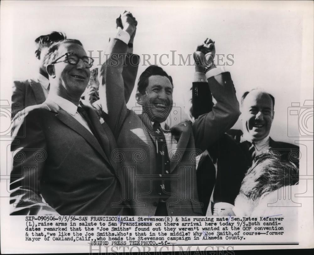 1956 Press Photo Adlai Stevenson Running Mate Senator Estes Kefauver in San Fran - Historic Images
