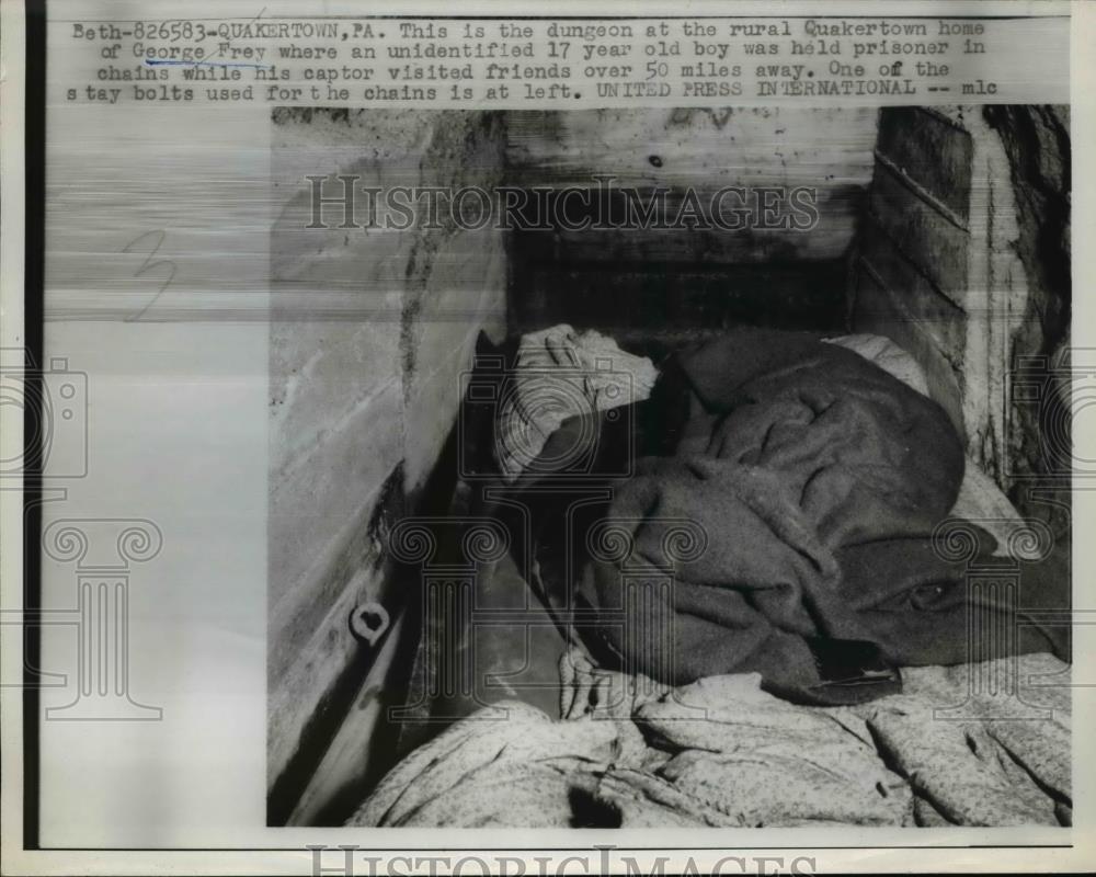 1958 Press Photo Boy Chained in Dungeon George Frey Quakertown Pennsylvania Home - Historic Images