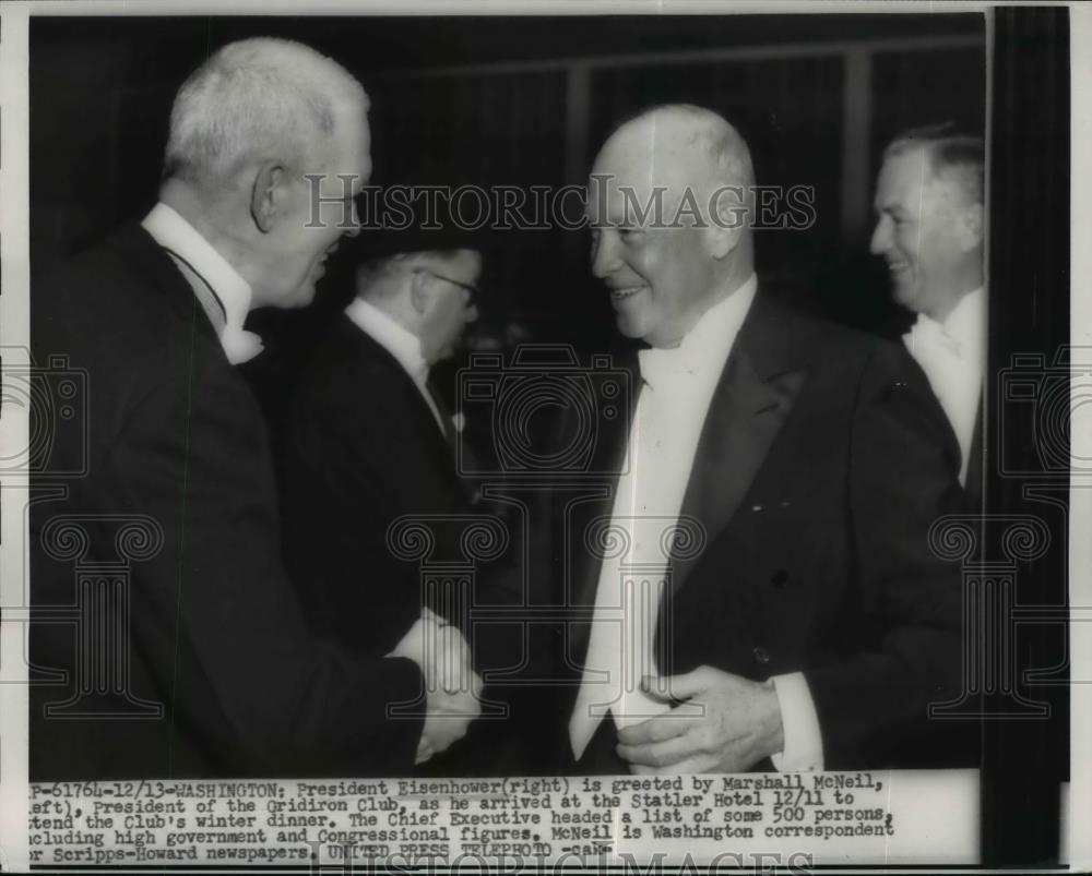 1954 Press Photo U.S. Pres. Eisenhower is greeted by Marshall McNeil. - Historic Images