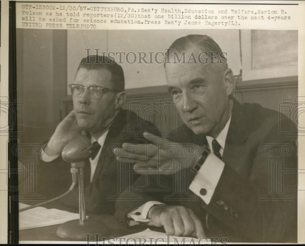 1957 Press Photo HEW Secretary Marion B Folsom &amp; Press Secretary James Hagerty - Historic Images