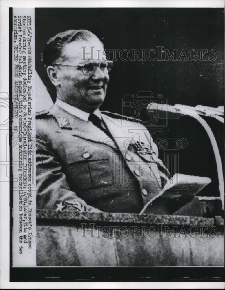 1956 Press Photo Yugoslavian President Tito Moscow Dynamo Stadium - Historic Images