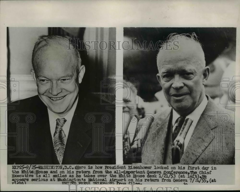 1956 Press Photo President Eisenhower on 1st day in White House &amp; today - Historic Images