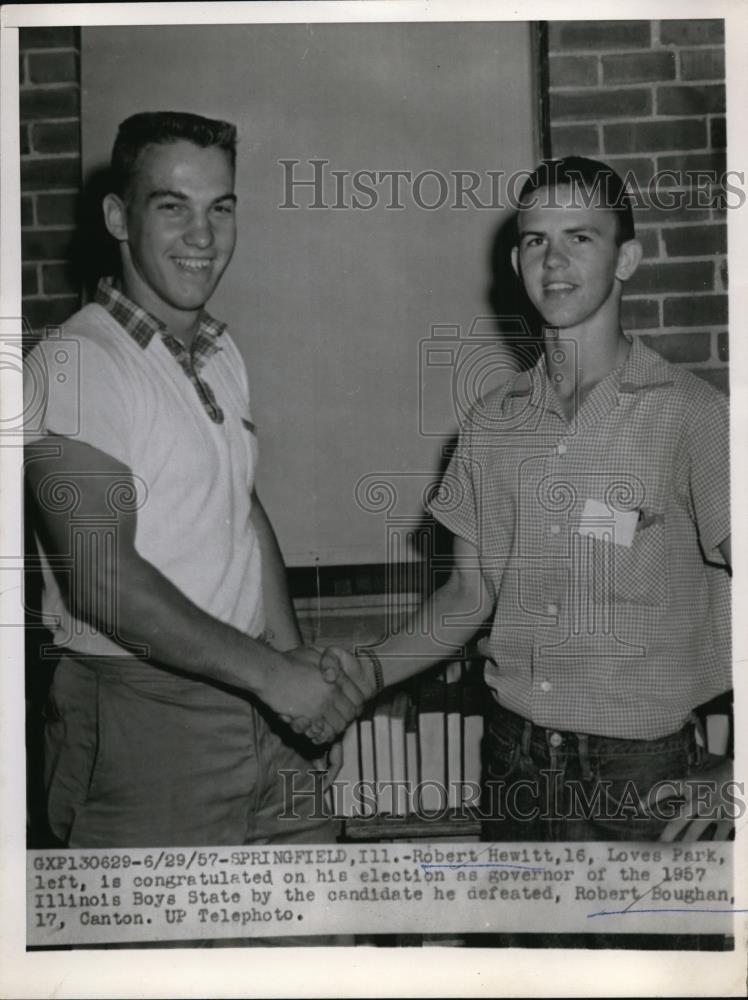 1957 Press Photo Robert Boughan congratulate as Governor of Illinois Boy scout. - Historic Images