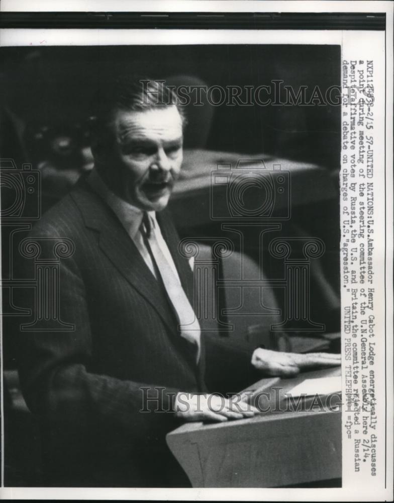 1957 Press Photo Henry Cabot Lodge address at U.N. General Assembly. - Historic Images