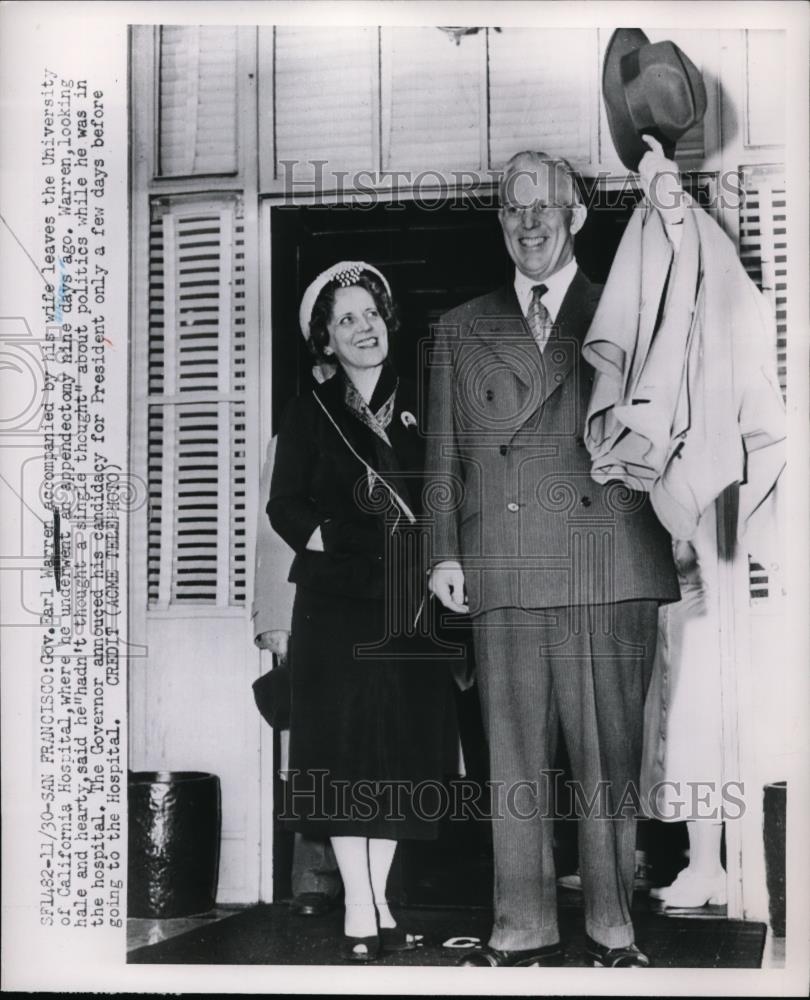 1951 Press Photo Gov.Earl Warren of Calif. leaves the Univ. of Calif. Hospital. - Historic Images