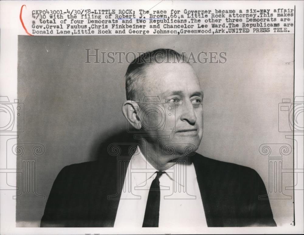 1958 Press Photo Robert J Brown campaigns for Governor of Arkansas - nee82674 - Historic Images