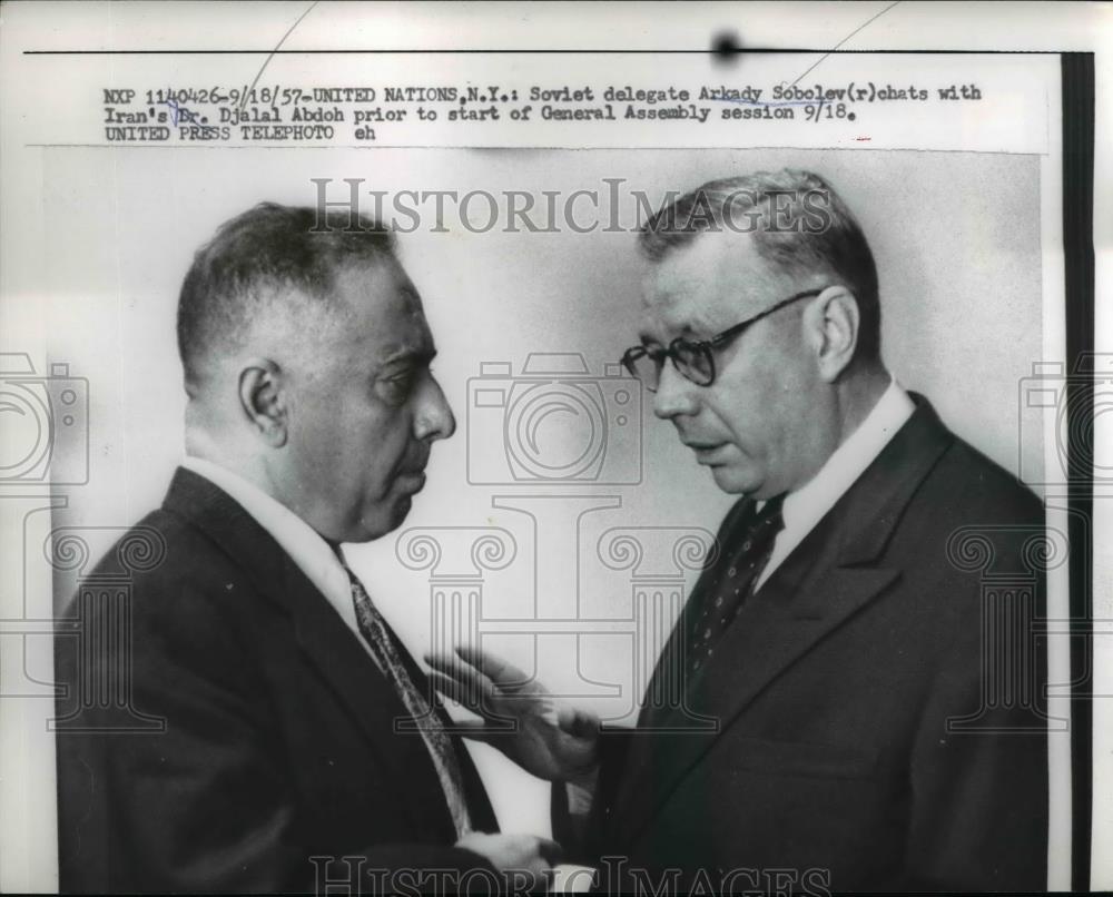 1957 Press Photo United Nations New York, Arkady Sobolev With Djalal Abdoh - Historic Images