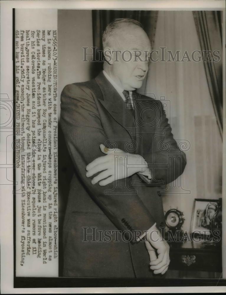 1953 Press Photo Pres. Dwight Eisenhower injured right elbow. - Historic Images